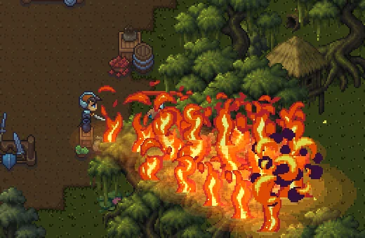 Golpe Flamejante queimando monstros no Pântano